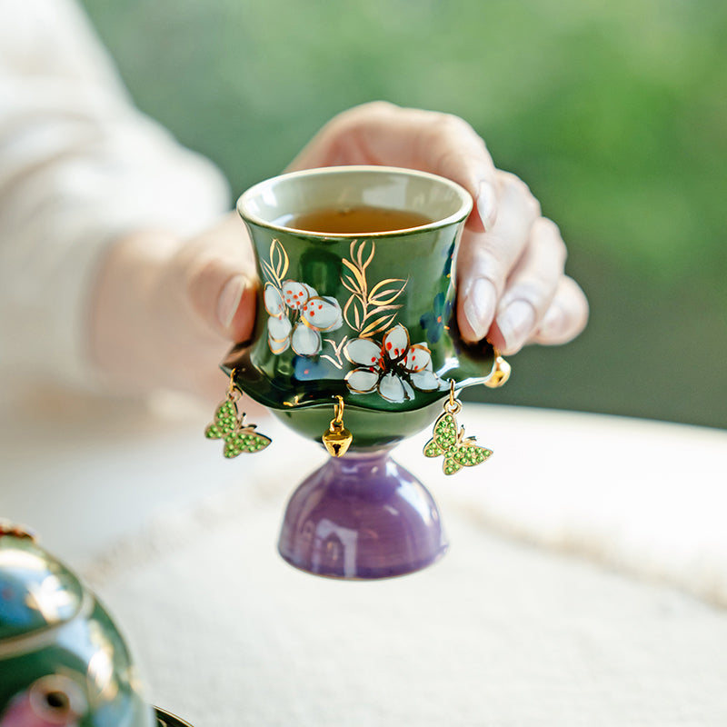 Premium Gongfu Tea Set - Handcrafted Emerald Green Porcelain with Hand-Painted Jasmine Motif