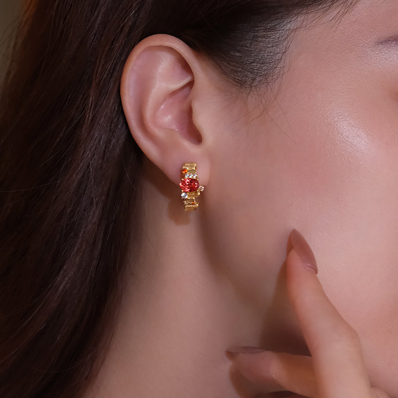 Floating Light and Golden Glow Cultured Sapphire in Padparadscha Color, Retro Sterling Silver Necklace and Ear Cuff Set