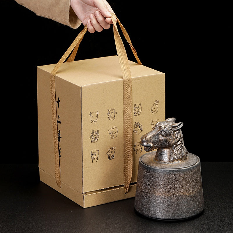Gilded Zodiac Tea Caddy - 12 Chinese Animal Sign Ceramic Storage Jar