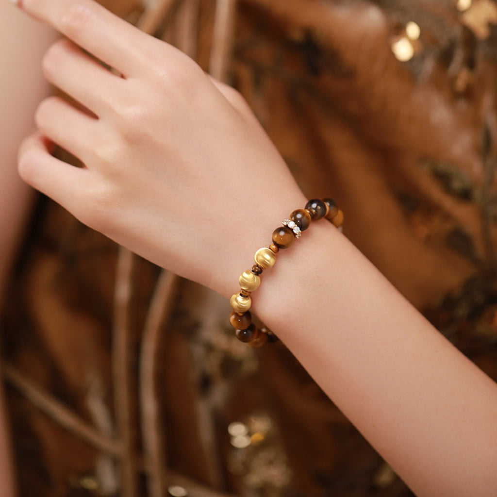 Squirrel & Hazelnut Original Design Retro Style Tiger's Eye Stone Bracelet - Sterling Silver Gold-Plated Hand Chain