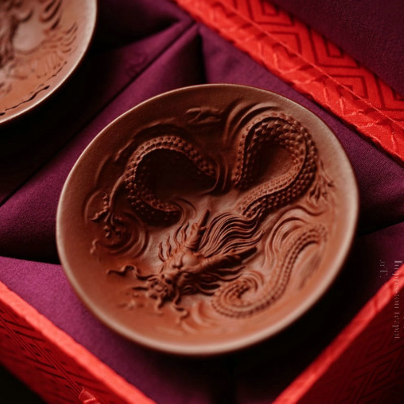 Yixing Purple Clay Dragon And Phoenix Pair Cups