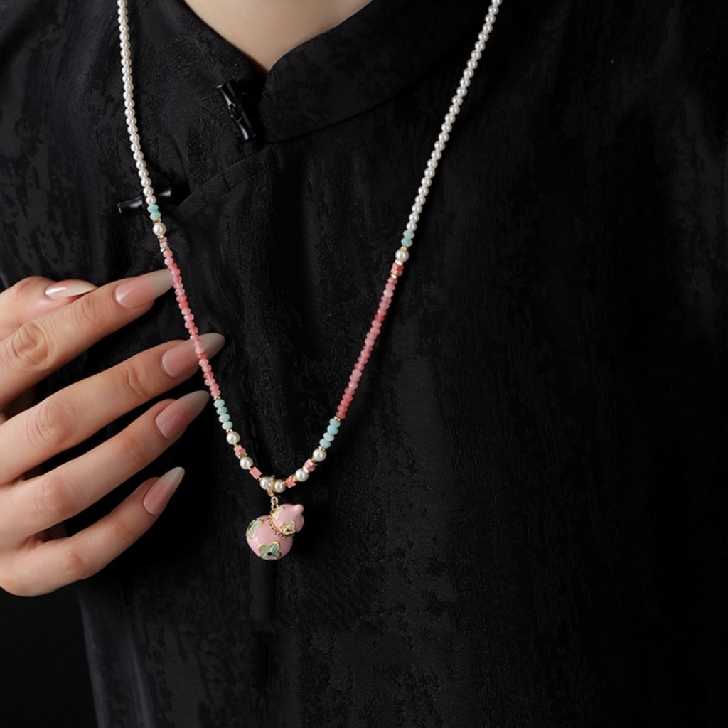 Enamel Gourd Pearl Necklace – Contemporary Chinese Cloisonné Pendant with Natural Gemstones