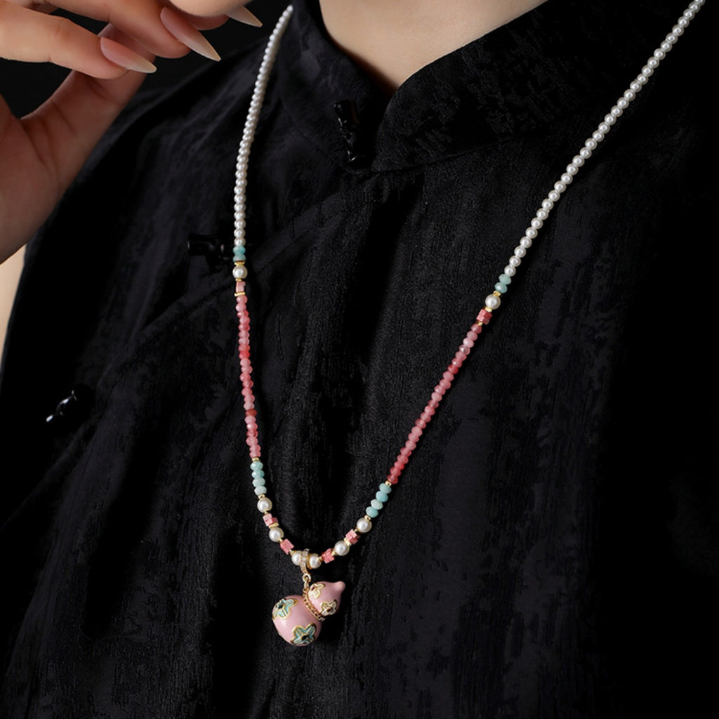 Enamel Gourd Pearl Necklace – Contemporary Chinese Cloisonné Pendant with Natural Gemstones