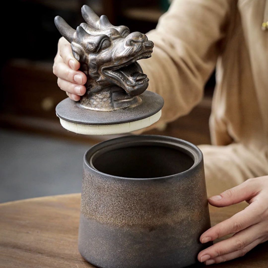 Gilded Zodiac Tea Caddy - 12 Chinese Animal Sign Ceramic Storage Jar