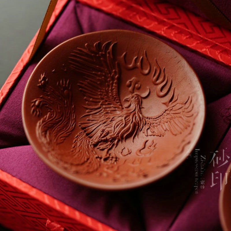 Yixing Purple Clay Dragon And Phoenix Pair Cups