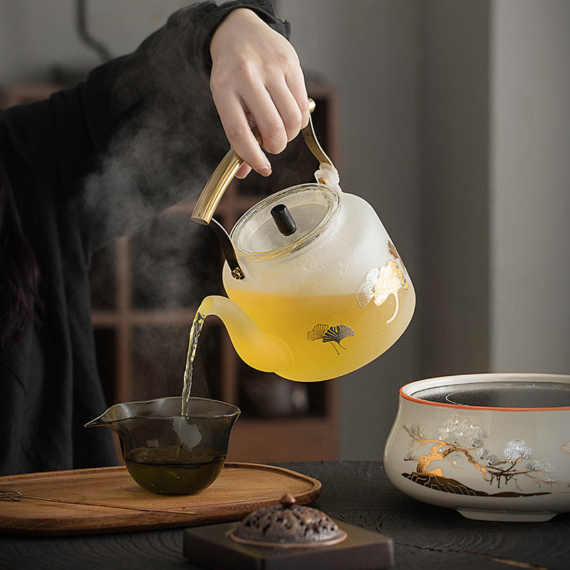 White Gingko Glass Teapot with Stove