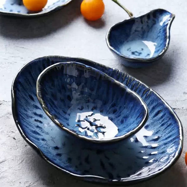 #058 Gradient Blue Ceramic Bowl and Plate Set of 4 Irregular Design