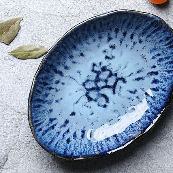 #058 Gradient Blue Ceramic Bowl and Plate Set of 4 Irregular Design