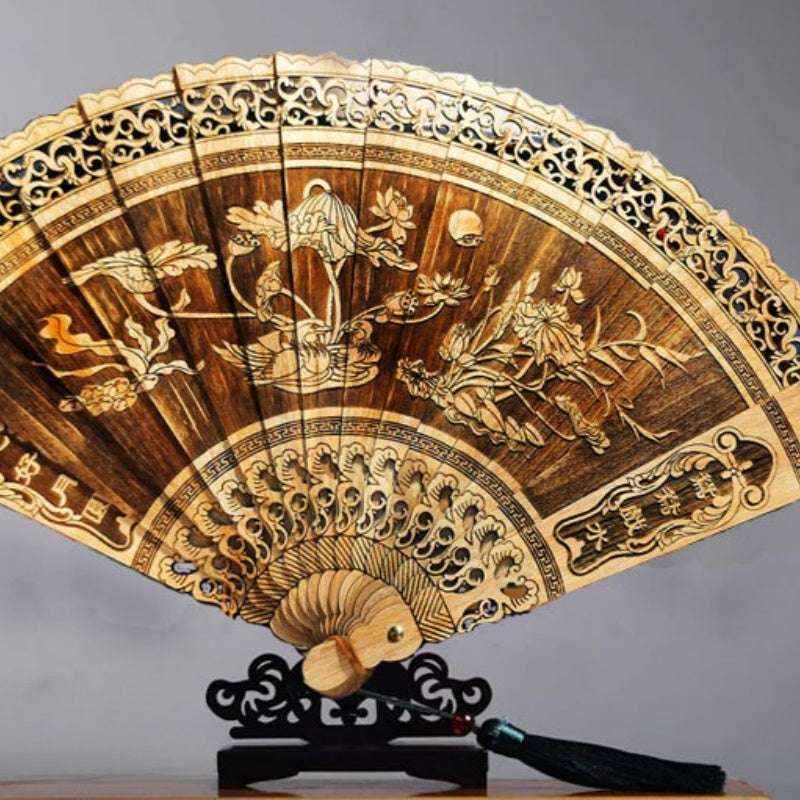Handmade Chinese Suzhou Fan with Natural Golden Nanmu Wood Base Artisan Craft
