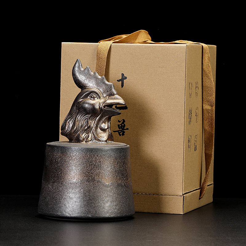 Gilded Zodiac Tea Caddy - 12 Chinese Animal Sign Ceramic Storage Jar