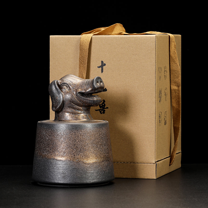 Gilded Zodiac Tea Caddy - 12 Chinese Animal Sign Ceramic Storage Jar