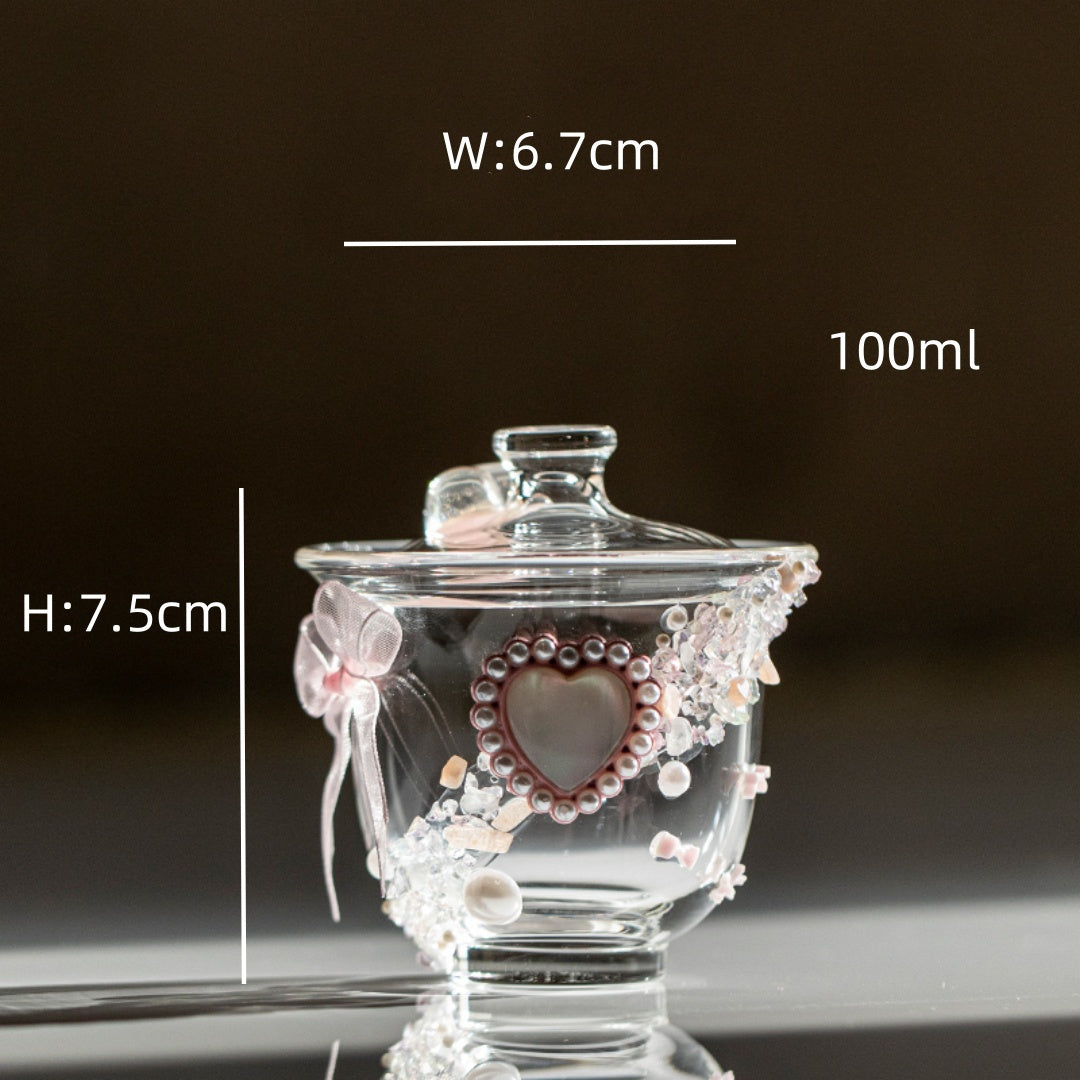 Crystal Heart Glass Gaiwan - Heat-Resistant Lidded Tea Bowl Set