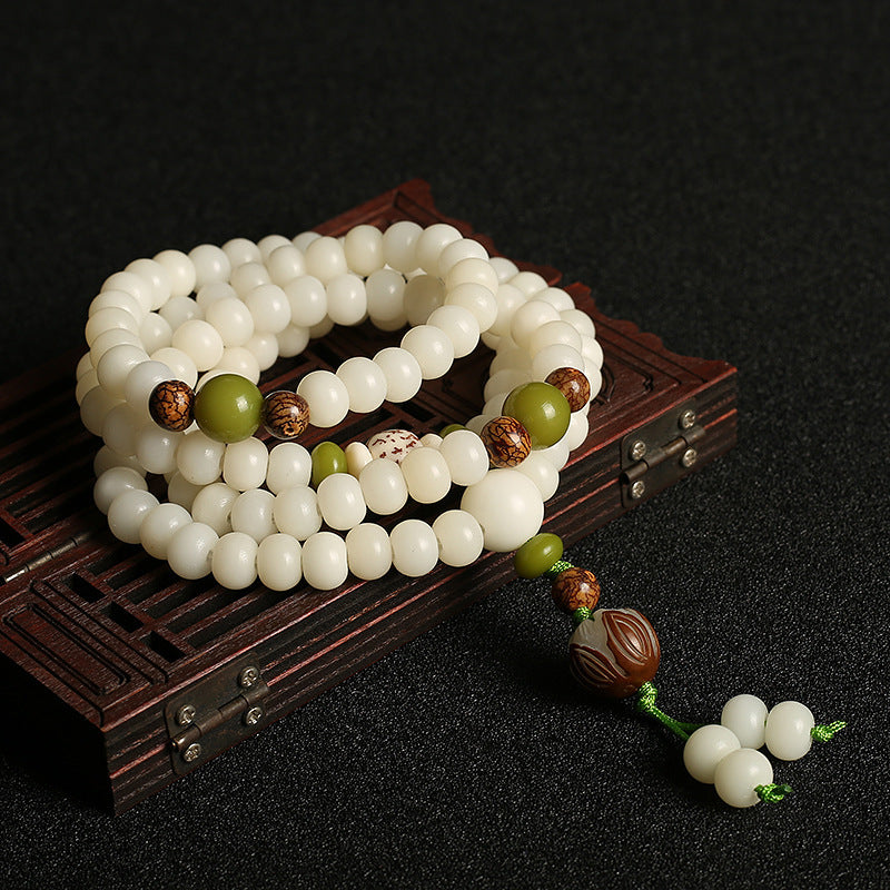 108-Count White Bodhi Seed Mala Bracelet - Unisex Buddhist Prayer Beads