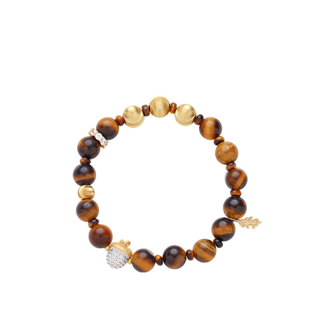 Squirrel & Hazelnut Original Design Retro Style Tiger's Eye Stone Bracelet - Sterling Silver Gold-Plated Hand Chain