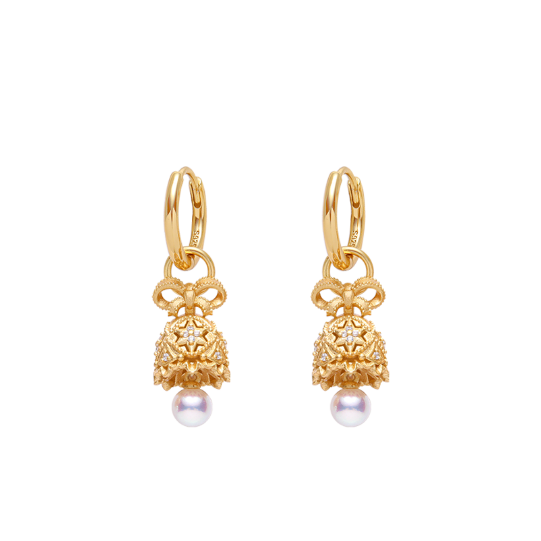 Wishing Bell Luxury Line - Premium Natural Pearl Retro Design Sterling Silver Earrings & Collarbone Necklace