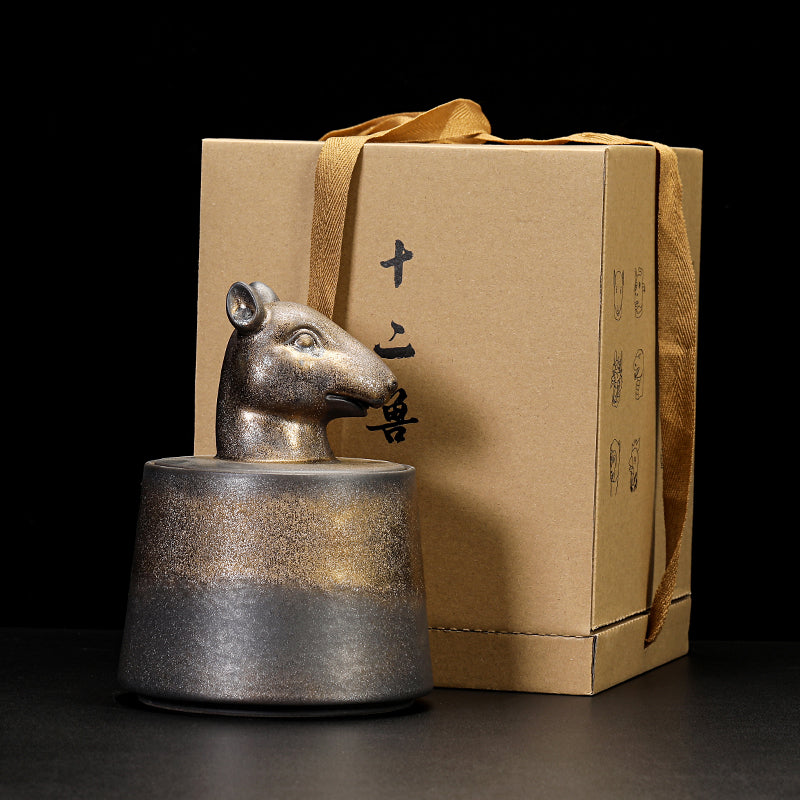 Gilded Zodiac Tea Caddy - 12 Chinese Animal Sign Ceramic Storage Jar