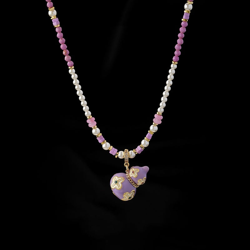 Enamel Gourd Pearl Necklace – Contemporary Chinese Cloisonné Pendant with Natural Gemstones
