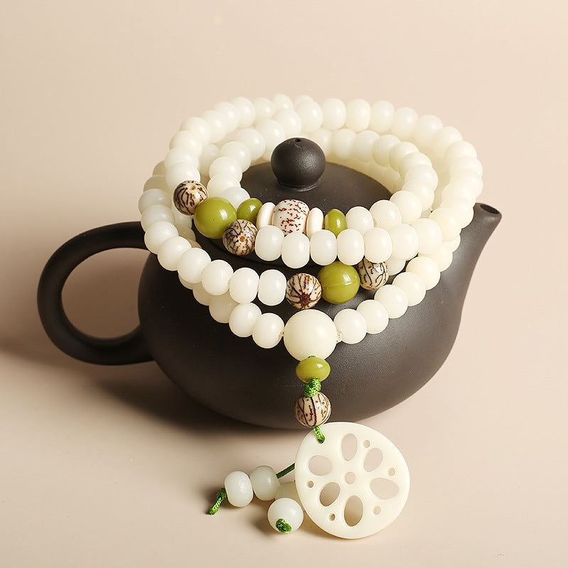 108-Count White Bodhi Seed Mala Bracelet - Unisex Buddhist Prayer Beads