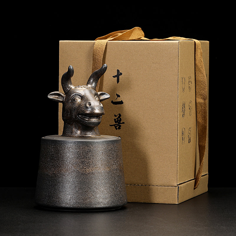 Gilded Zodiac Tea Caddy - 12 Chinese Animal Sign Ceramic Storage Jar