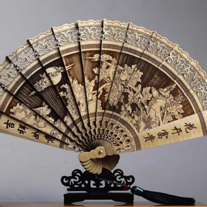 Handmade Chinese Suzhou Fan with Natural Golden Nanmu Wood Base Artisan Craft