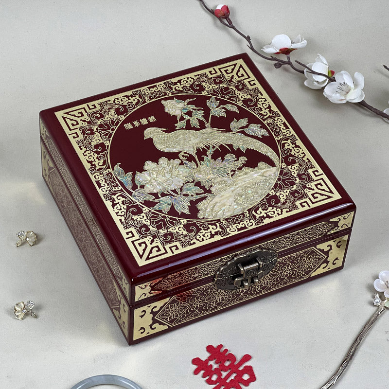 Pingyao Intangible Cultural Heritage Lacquer ware Abalone Shell Chinese Style Exquisite Wooden Jewelry Box