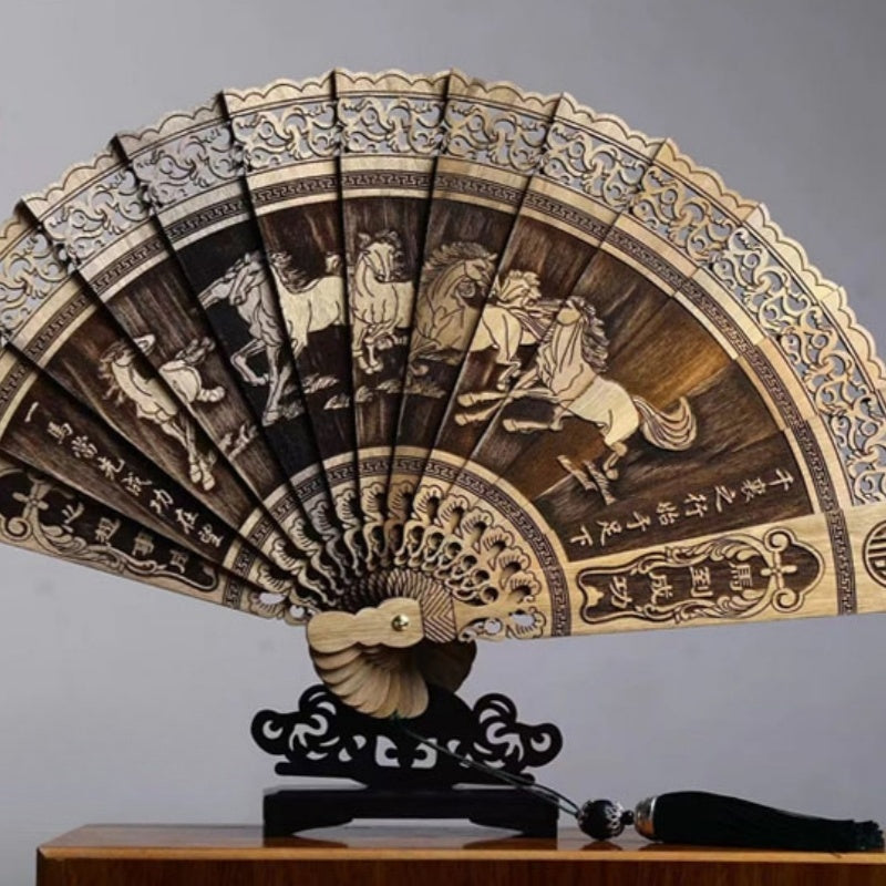 Handmade Chinese Suzhou Fan with Natural Golden Nanmu Wood Base Artisan Craft