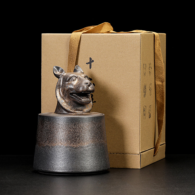 Gilded Zodiac Tea Caddy - 12 Chinese Animal Sign Ceramic Storage Jar