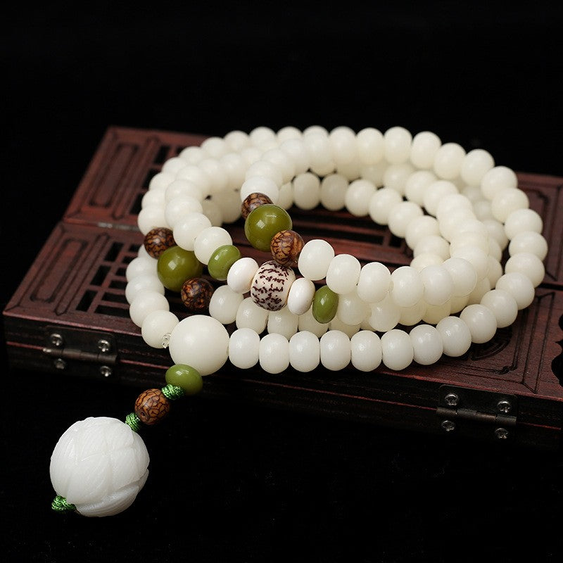 108-Count White Bodhi Seed Mala Bracelet - Unisex Buddhist Prayer Beads