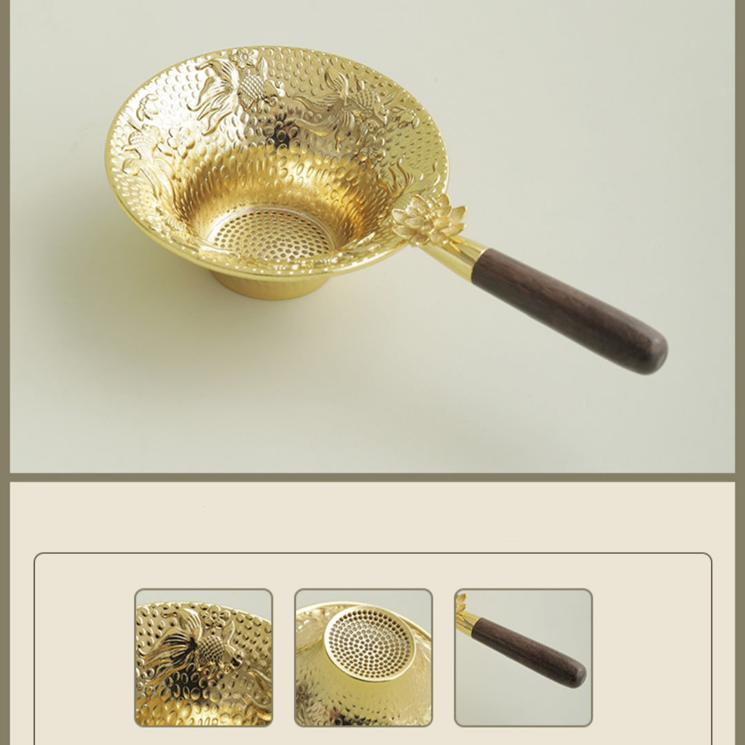 Premium Koi & Plum Blossom Tea Strainer - Alloy Filter with Wooden Handle