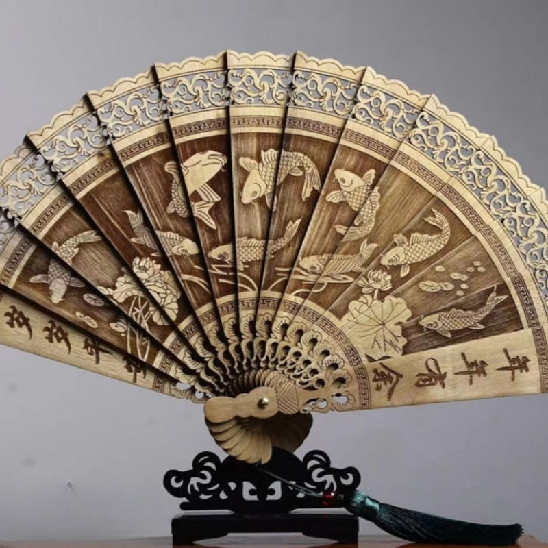 Handmade Chinese Suzhou Fan with Natural Golden Nanmu Wood Base Artisan Craft
