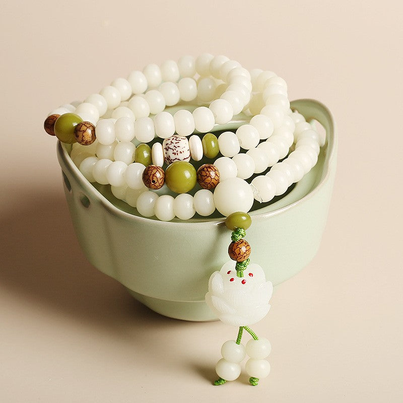 108-Count White Bodhi Seed Mala Bracelet - Unisex Buddhist Prayer Beads