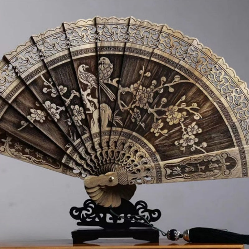 Handmade Chinese Suzhou Fan with Natural Golden Nanmu Wood Base Artisan Craft