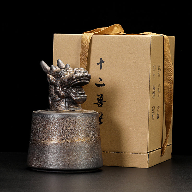 Gilded Zodiac Tea Caddy - 12 Chinese Animal Sign Ceramic Storage Jar