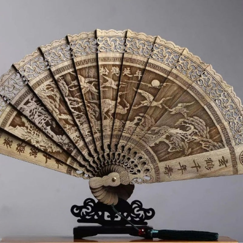 Handmade Chinese Suzhou Fan with Natural Golden Nanmu Wood Base Artisan Craft