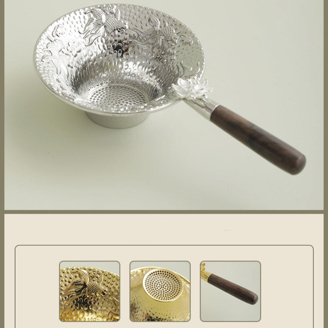 Premium Koi & Plum Blossom Tea Strainer - Alloy Filter with Wooden Handle