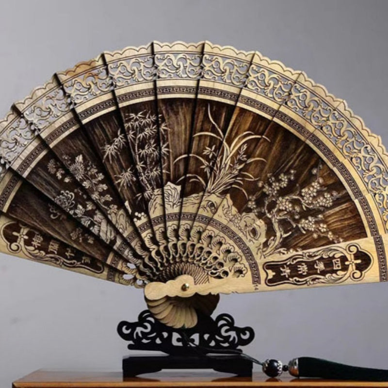 Handmade Chinese Suzhou Fan with Natural Golden Nanmu Wood Base Artisan Craft