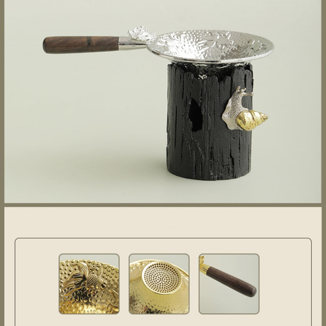 Premium Koi & Plum Blossom Tea Strainer - Alloy Filter with Wooden Handle