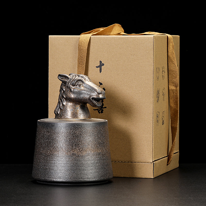 Gilded Zodiac Tea Caddy - 12 Chinese Animal Sign Ceramic Storage Jar