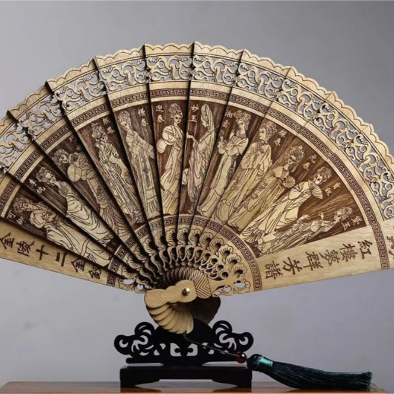 Handmade Chinese Suzhou Fan with Natural Golden Nanmu Wood Base Artisan Craft