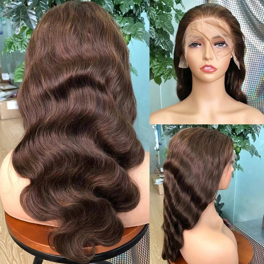 Brown Body Wave Half Lace Human Hair Wig - #2 Color, Available in 14 to 30 Inches