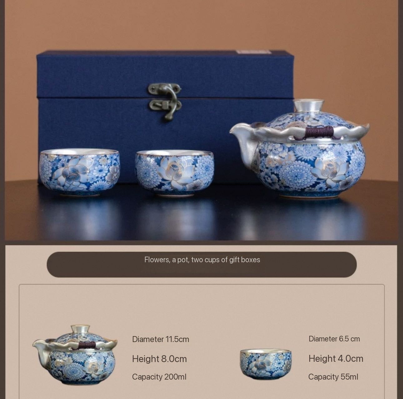 Exquisite Floral Silver-Plated Handheld Tea Set 110ml+200ml