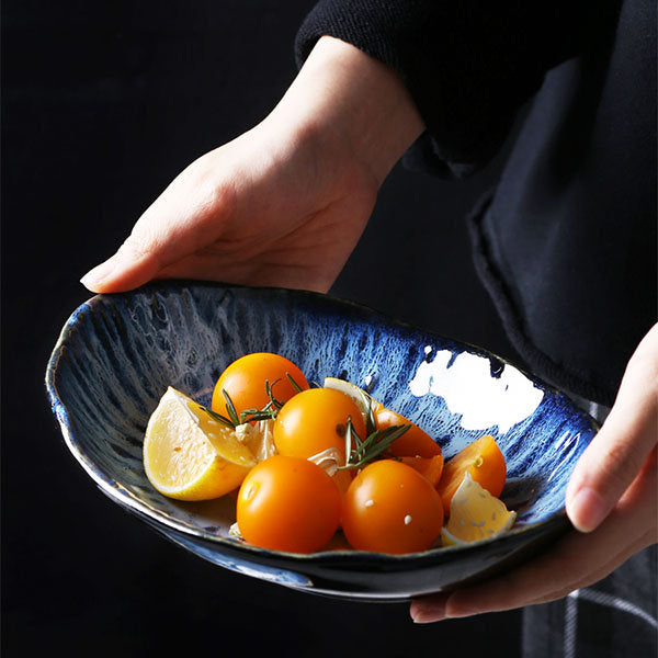 #058 Gradient Blue Ceramic Bowl and Plate Set of 4 Irregular Design