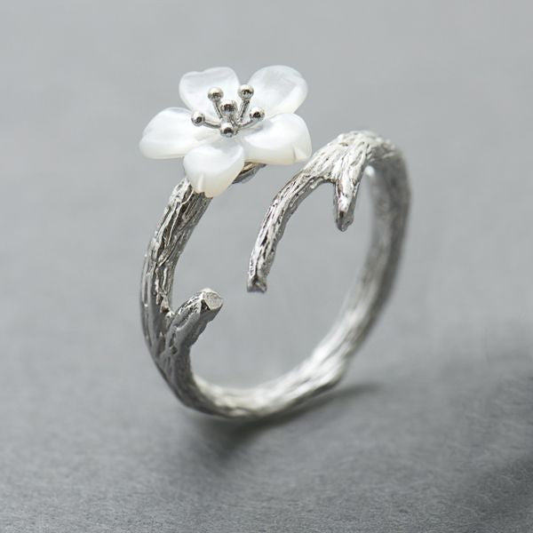 #J5 White Cherry Blossom Silver Ring - 3 Patterns