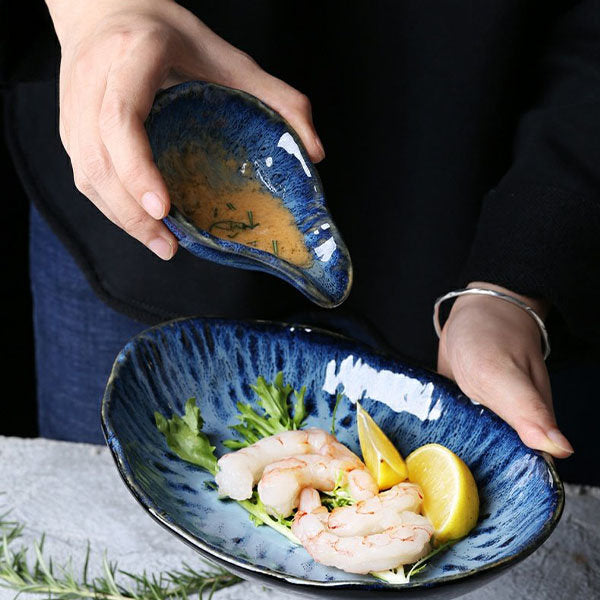 #058 Gradient Blue Ceramic Bowl and Plate Set of 4 Irregular Design