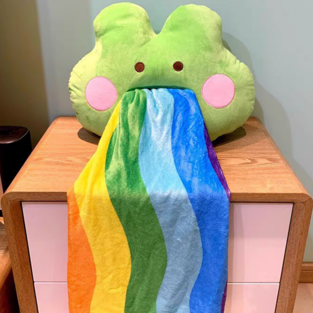 #127 Rainbow Vomiting Frog 2 in 1 Flannel Pillow And Blanket