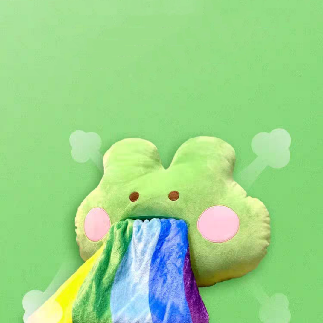 #127 Rainbow Vomiting Frog 2 in 1 Flannel Pillow And Blanket