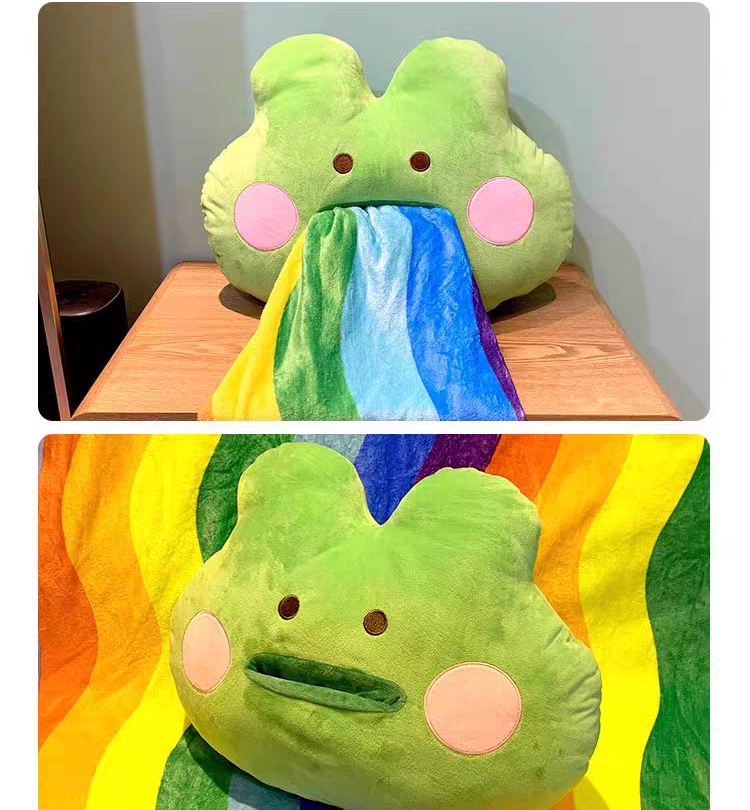 #127 Rainbow Vomiting Frog 2 in 1 Flannel Pillow And Blanket