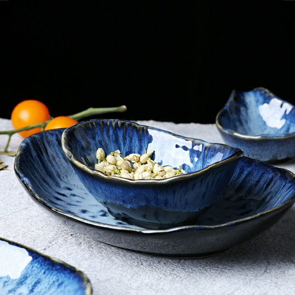 #058 Gradient Blue Ceramic Bowl and Plate Set of 4 Irregular Design